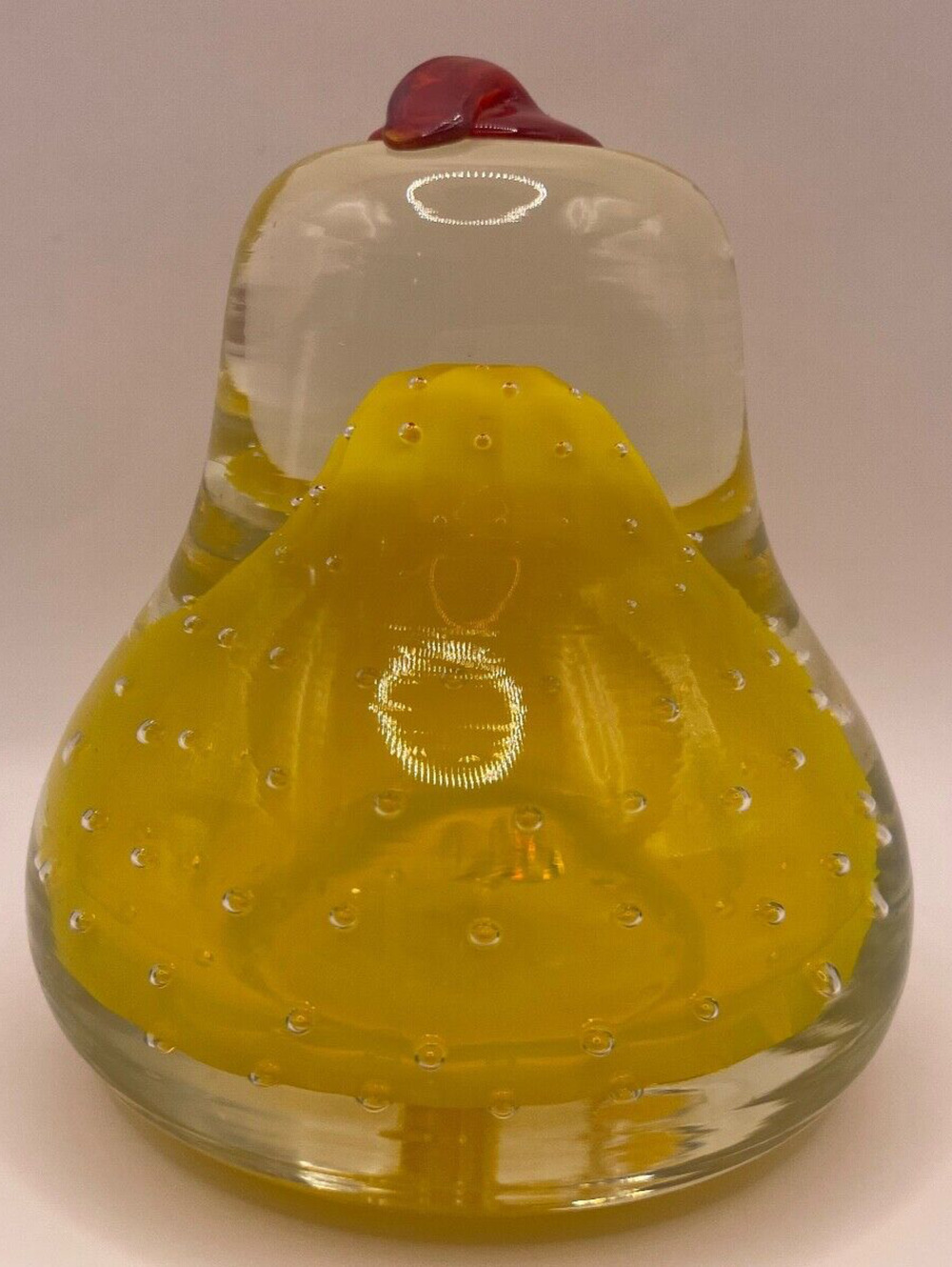 JB Yellow Pear Paperweight Controlled Bubbles Bullicante Red Stem Fruit